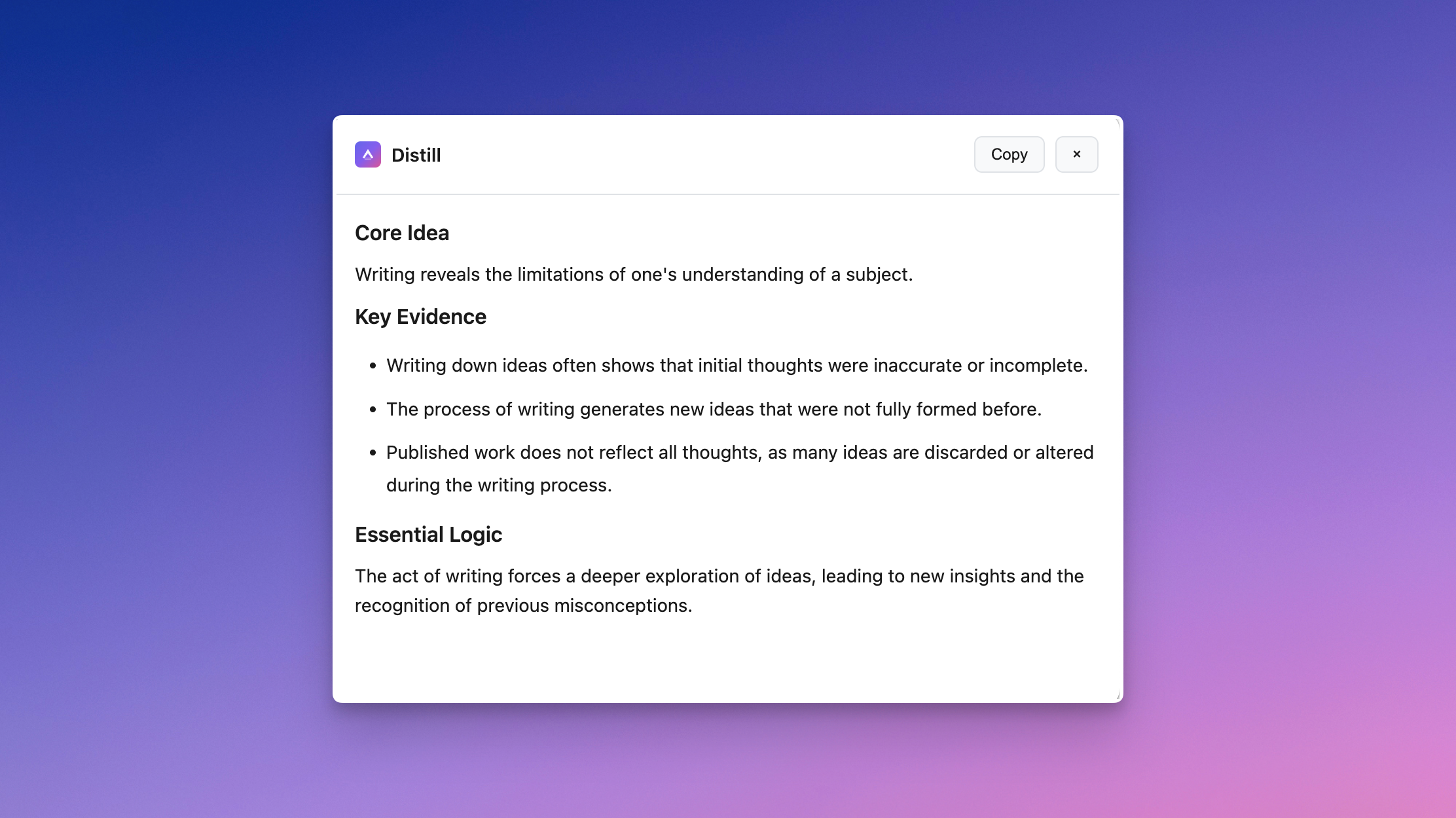 Criticly's Distill tool extracting key points from an email