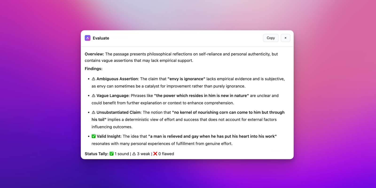 Evaluate tool demo - analyzing text for logic and correctness